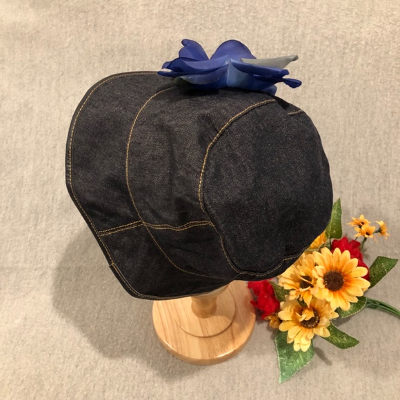 NWOT - Black Denim Bucket Hat with Blue Silk Flower Adornment - Picture 4 of 16